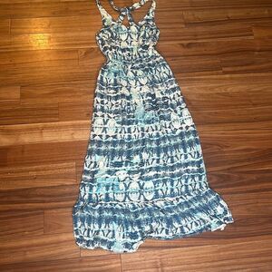Nicole miller blue teal water color print long maxi dress razor back twist sundr